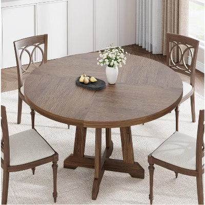 47 Inch Wood Round Dining Table for 4, Farmhouse Dinner Table with Wooden Top and Sturty Legs for Dining Room, Living Room(Table Only), Brown | Target