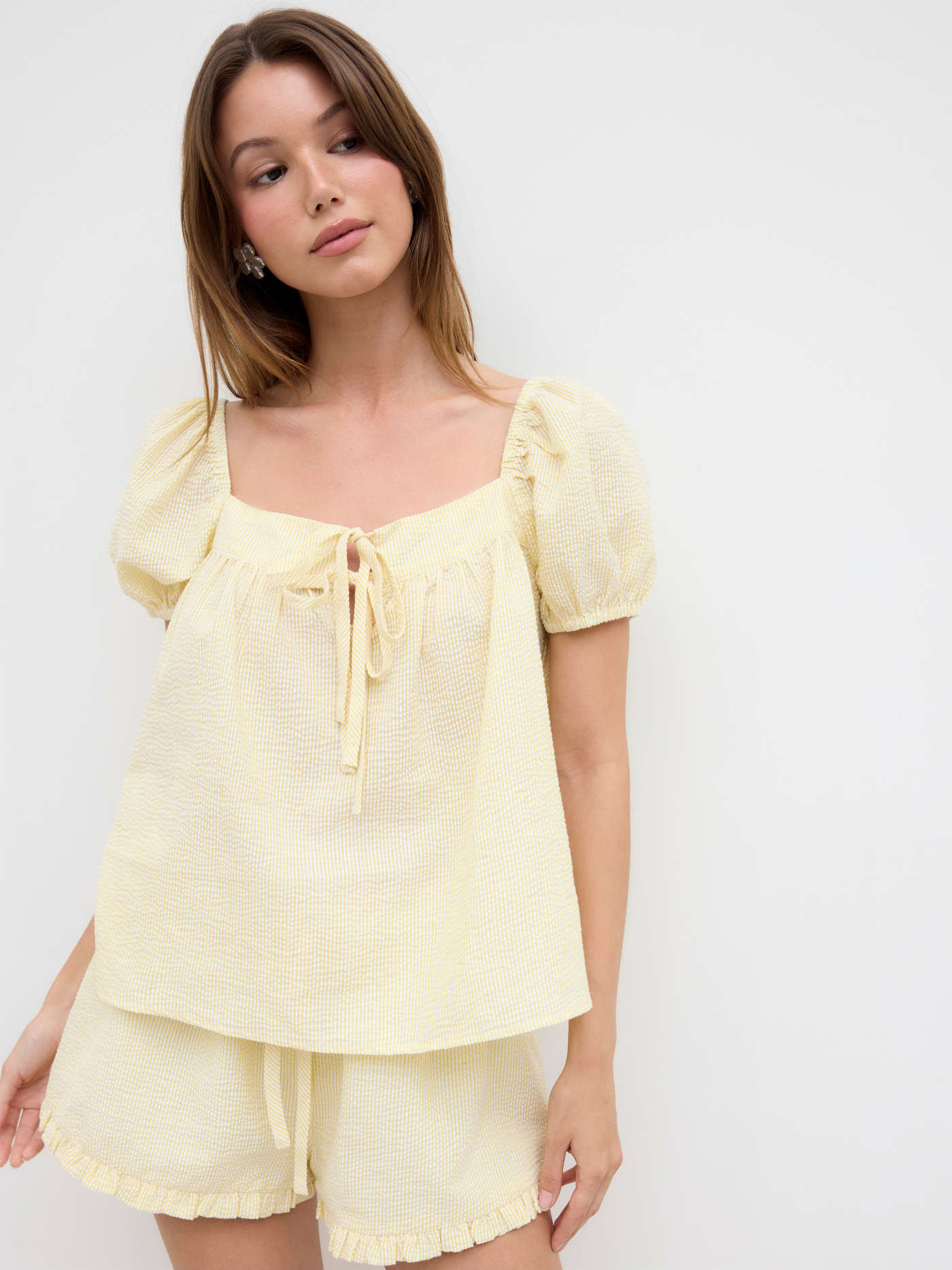 Cotton-blend Stripe Tie Front Oversized Top &  High Rise Lettuce Trim Shorts Set... | Cider