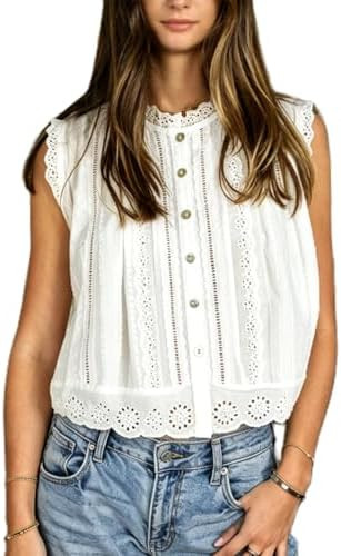 Women Y2k Semi Sheer Blouse Eyelet Embroidery Sleeveless Button Down Mock Neck Casual Cropped Lac... | Amazon (US)