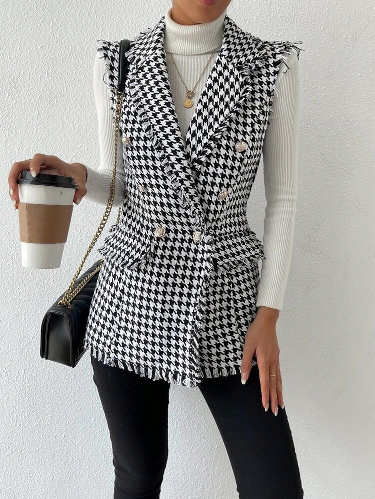 Houndstooth Print Double Breasted Vest Blazer Without Sweater | SHEIN