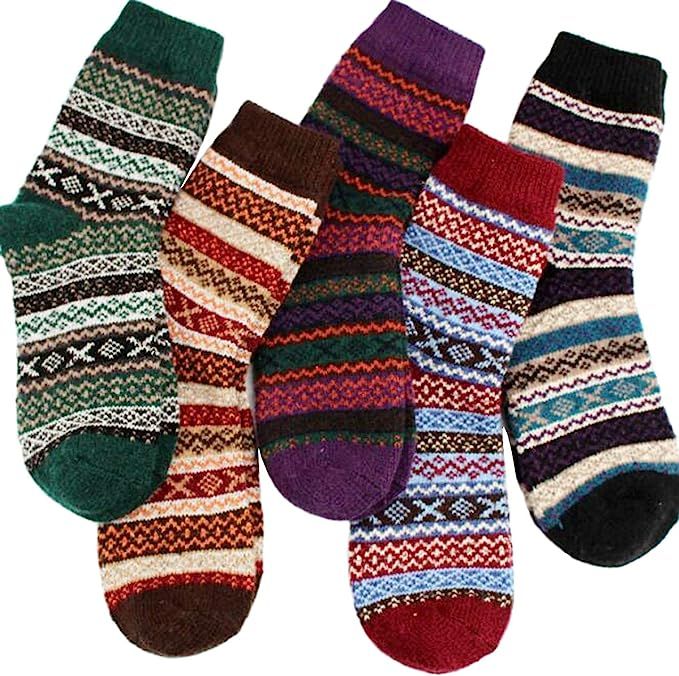 YZKKE 5Pack Womens Vintage Winter Soft Warm Thick Cold Knit Wool Crew Socks, Multicolor, free siz... | Amazon (US)