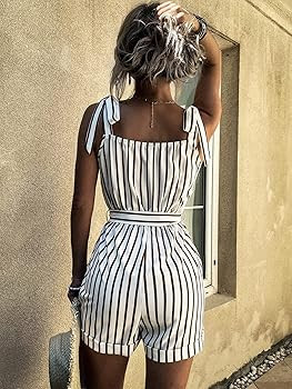 Floerns Women's Striped Print Knot Shoulder Sleeveless Belted Cami Short Rompers | Amazon (US)