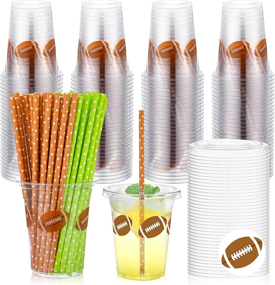 100 Set Football Party Plastic Cups 12oz Football Disposable Clear Cups with Lids and Straws Foot... | Amazon (US)