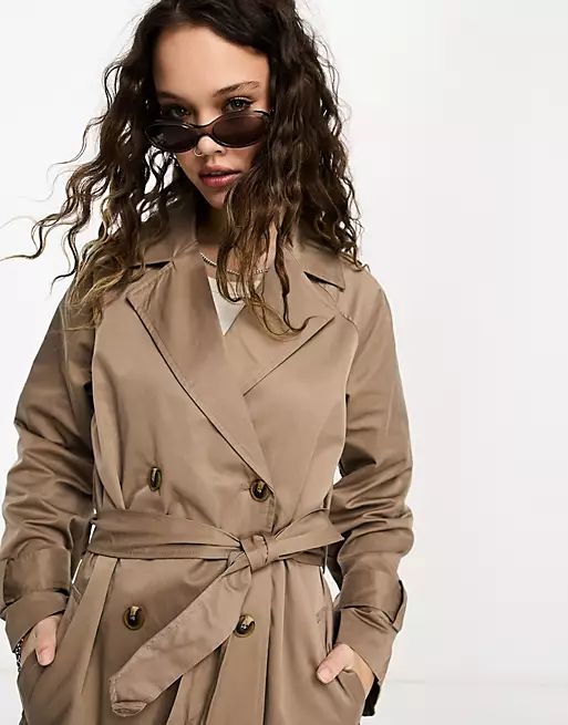 Object cotton blend tie waist trench coat in brown | ASOS (Global)
