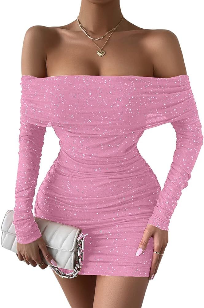 Yissang Women's Sexy Sparkle Glitter V Neck Bodycon Ruched Cocktail Party Club Mini Dress | Amazon (US)