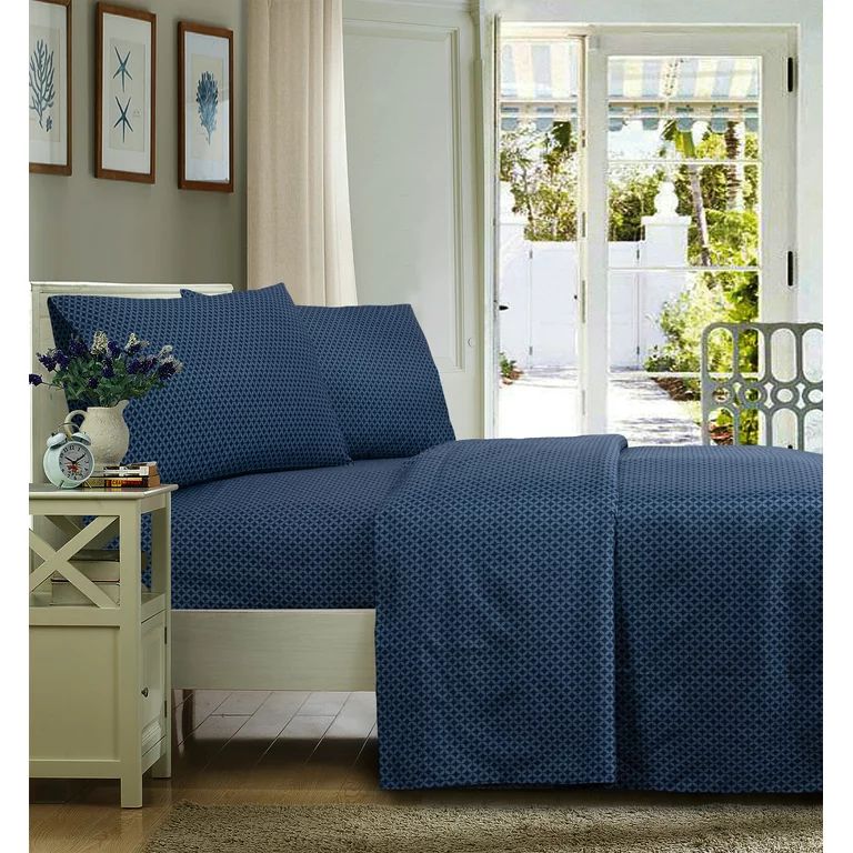 Mainstays Ultra Soft High Quality Microfiber Bed Sheet Set, Queen, Navy Geo, 4 Piece | Walmart (US)