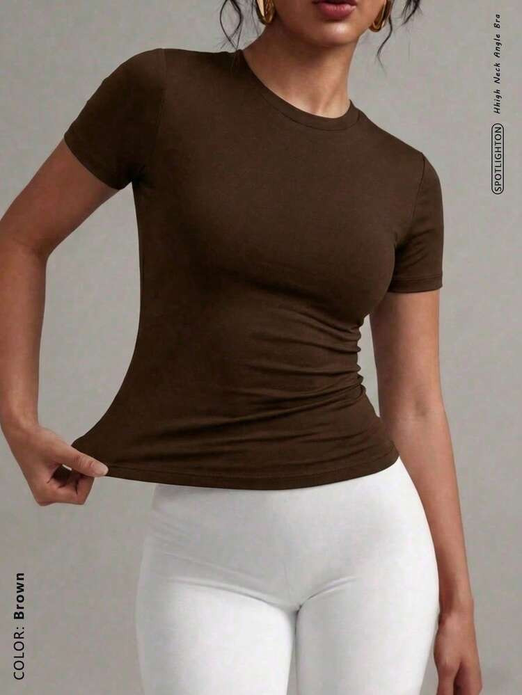 FWH Camiseta deportiva de estilo vintage, dise\u00f1o minimalista de cuello redondo, ajuste slim,... | SHEIN
