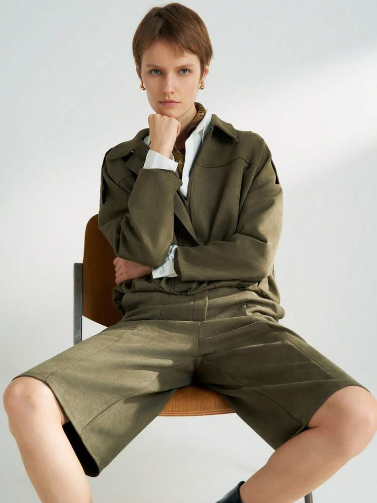 Airaco Women's Solid Color Drop Shoulder Long Sleeve Zip-Up Jacket And Capri Pants Casual 2 Pieces Set, Autumn | SHEIN
