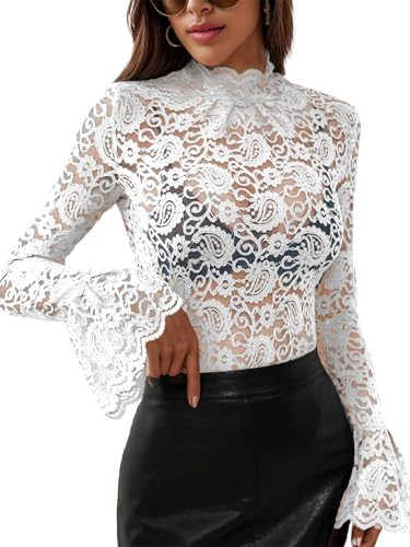Women's Long Sleeve Lace Mesh Tops High Neck Sheer Blouse Sexy Floral Going Out Top White | Amazon (US)