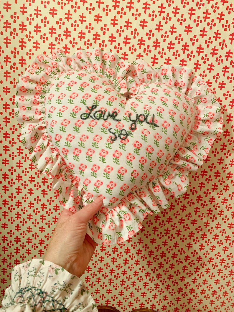 Embroidered Heart Pillow, Block Print Pillow, Throw Pillow, Heart Shaped Pillow, Made in the USA | Etsy (US)