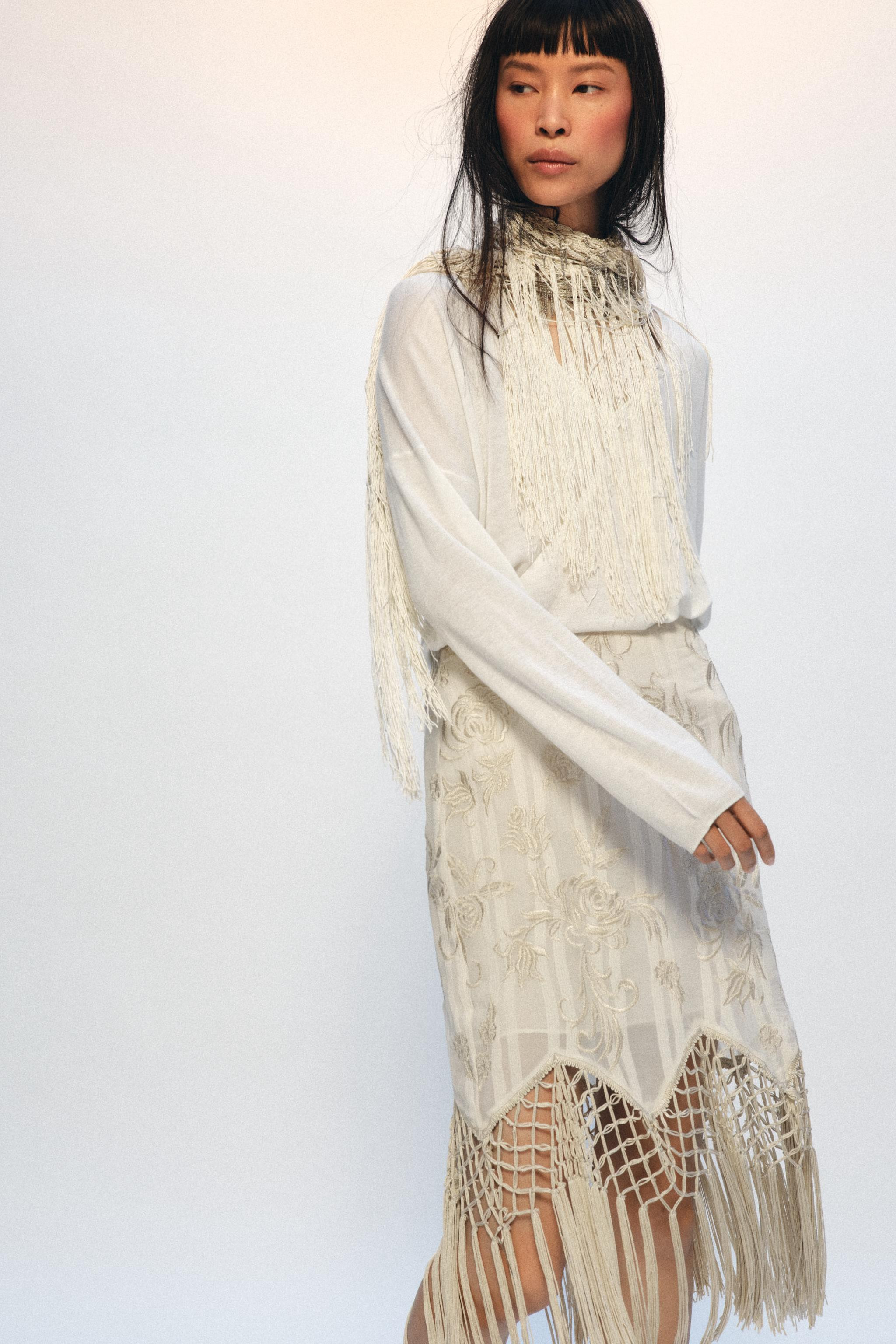 ZW COLLECTION EMBROIDERED FRINGED SKIRT | Zara US