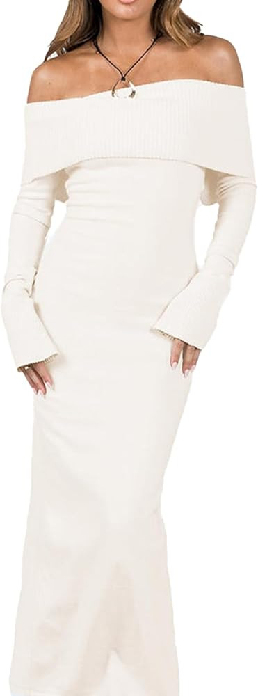 Seyurigaoka Women 's Elegant Off The Shoulder Sweater Dress 2023 Fall Rib Knit Long Sleeve Tight ... | Amazon (US)