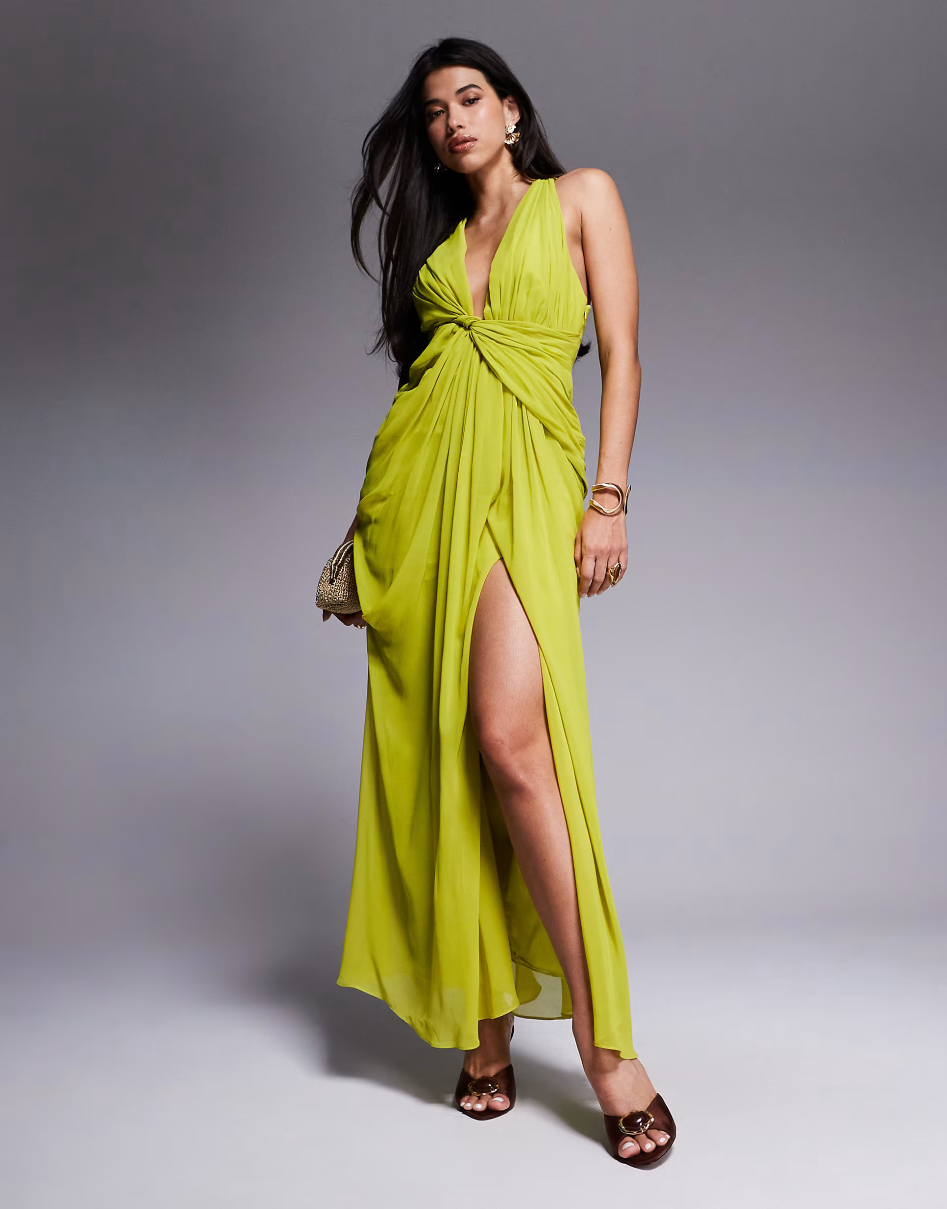 ASOS DESIGN draped plunge maxi dress with wrap detail in lime green | ASOS (Global)