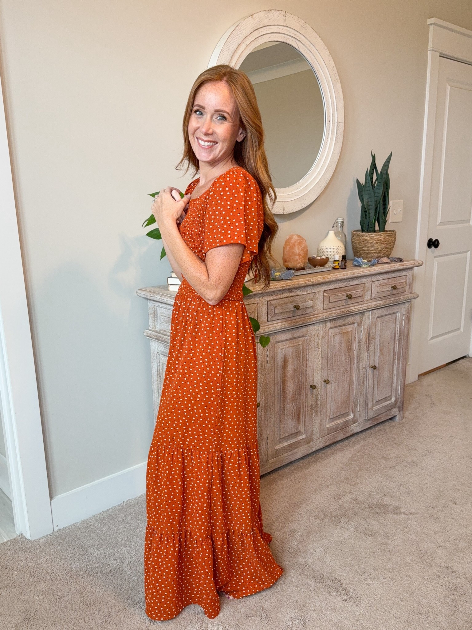 The most beautiful, lightweight maxi dress for Fall. Comes in a bunch of colors, this color is caramel. I did size down one size. Ditsy floral print, flutter sleeves, smocked top, skirt is double lined. So easy to throw on with denim jacket and cute sneaker. Highly recommend .

#LTKStyleTip #LTKOver40 #LTKSeasonal