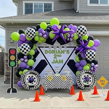 Monster Truck Purple and Green Black Balloon Garland Arch Kit with Big Wheels checkered star myla... | Amazon (US)