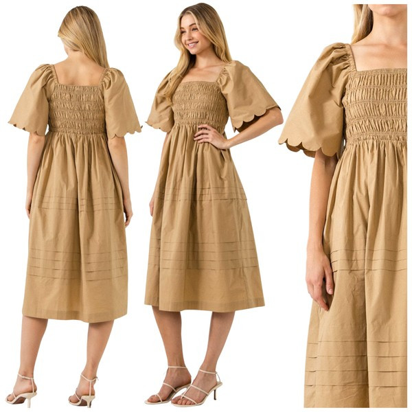 Khaki SCALLOPED Puff Sleeve Poplin Smocked Natalia Dress | James Ascher