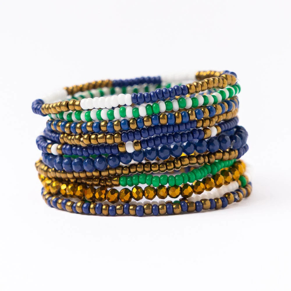 Game Day Beaded 10 Strand Stretch Bracelet Set Blue, Gold, + Green | INK+ALLOY