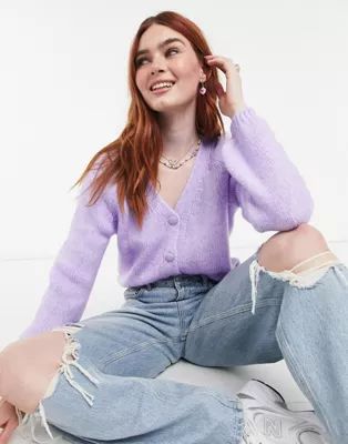 Only knitted cardigan with balloon sleeve in purple | ASOS (Global)