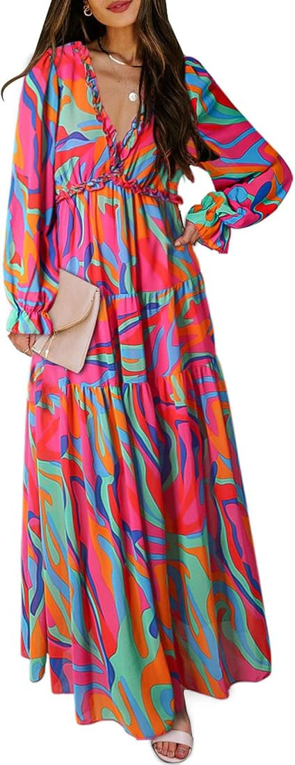 BLENCOT Womens Casual Floral Deep V Neck Long Sleeve Long Evening Dress Cocktail Party Maxi Weddi... | Amazon (US)