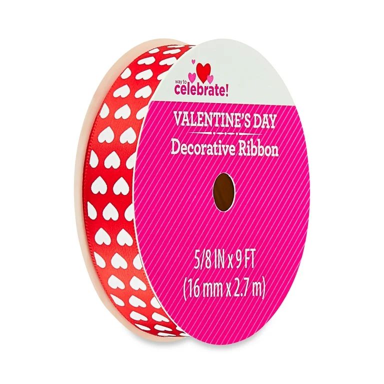 Valentine's Day Red Satin Polyester Ribbon, 5/8" x 9', by Way To Celebrate | Walmart (US)