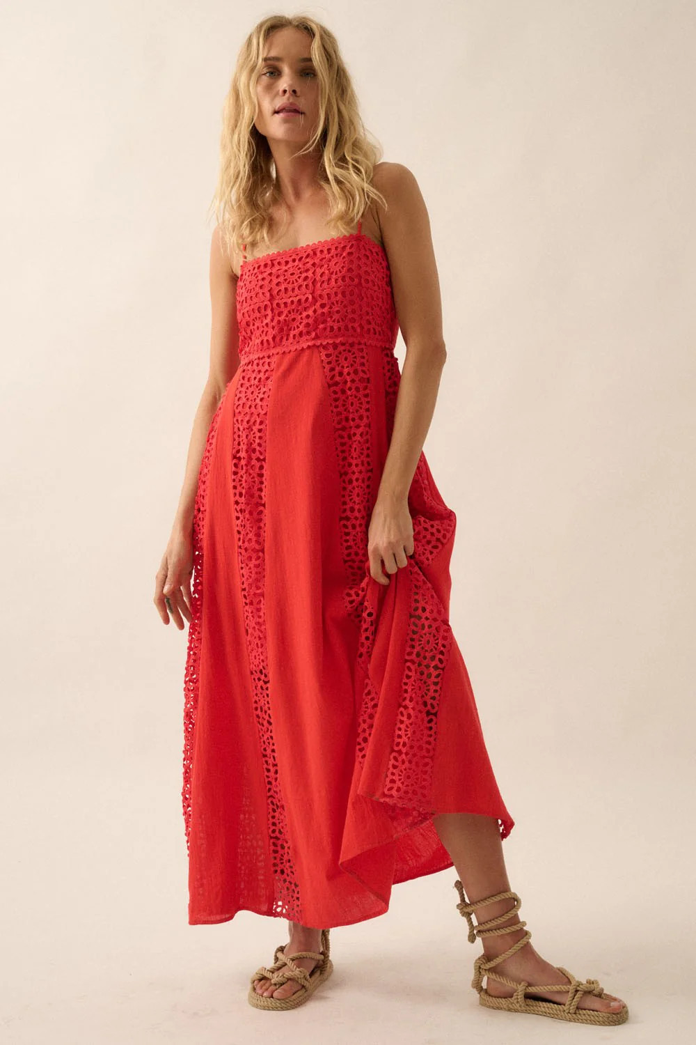 Coral Red Crochet Lace Paneled Maxi Dress | PinkBlush Maternity