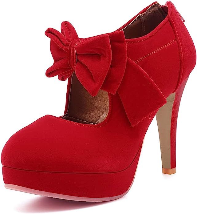 Mostrin Fashion Vintage Womens Small Bowtie Platform Pumps Ladies Sexy High Heeled Shoes | Amazon (US)