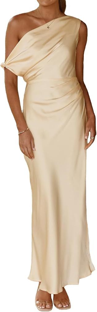 Summer Satin Off Shoulder Maxi Dress for Women Elegant Silk Sleeveless Ruched Waist Formal Cockta... | Amazon (US)