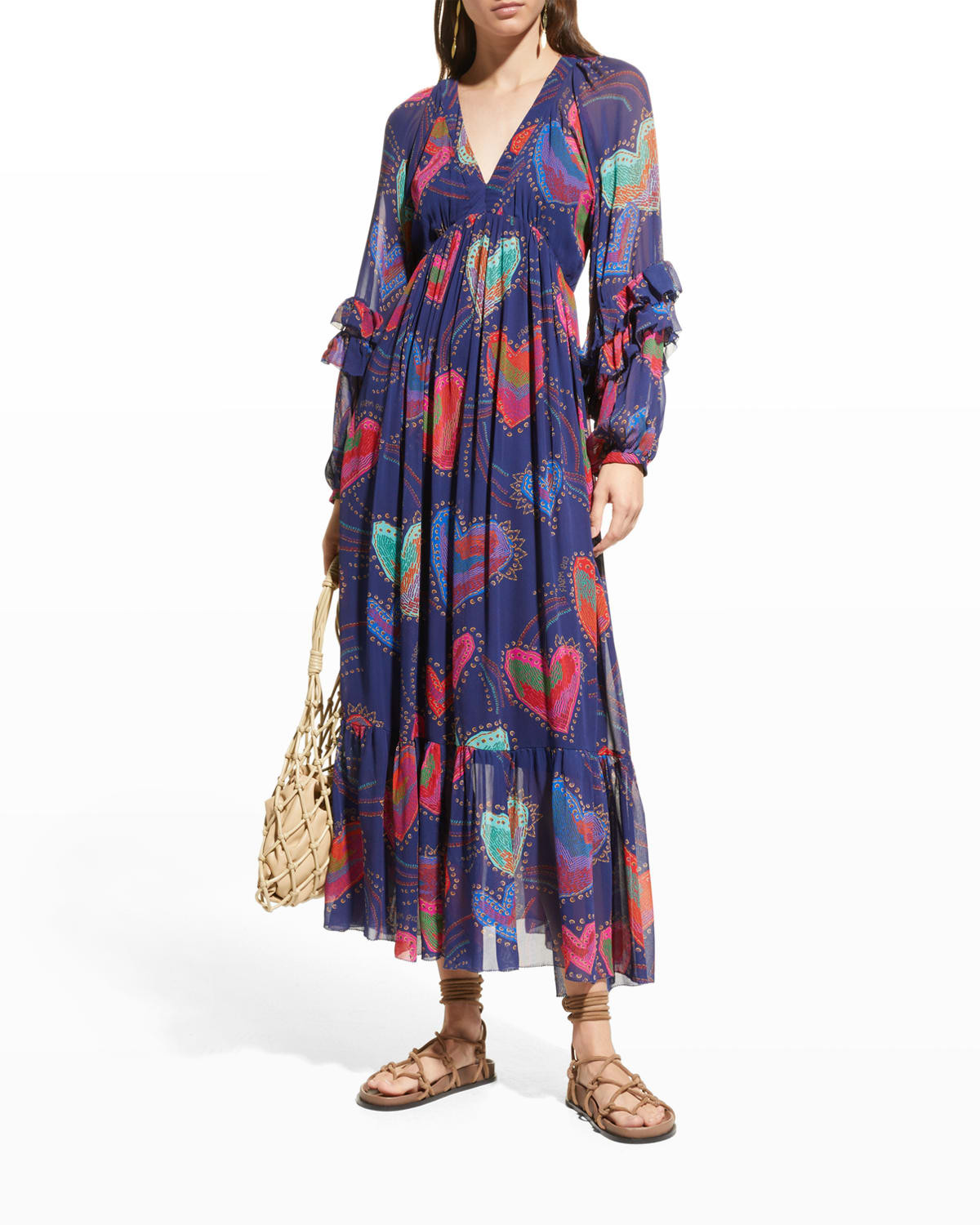 Shinny Hearts Printed Ruffle Maxi Dress | Neiman Marcus