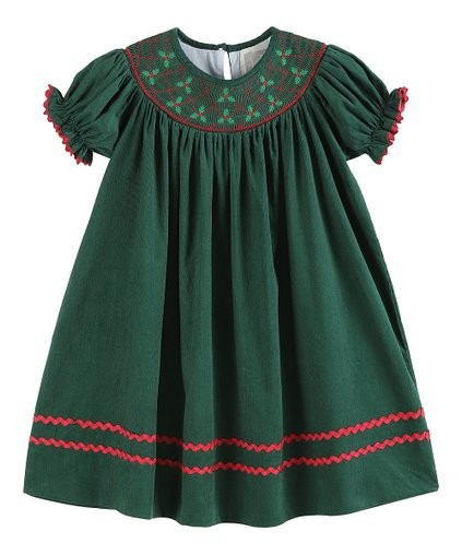 Green &amp; Red Christmas Mistletoe Smocked Bishop Dress - Infant &amp; Girls | Zulily