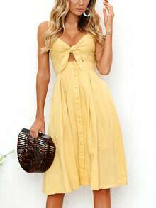 Women 2026 Summer Dresses Tie Front V-Neck Spaghetti Strap Button Down A-Line Backless Swing Midi... | SHEIN