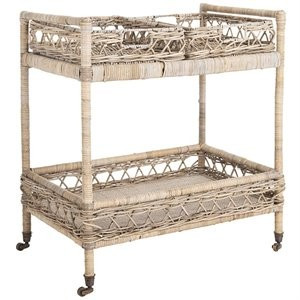 Safavieh Ambrose 2 Tier Rattan Bar Cart in Gray Wash and Antique Brass | Homesquare