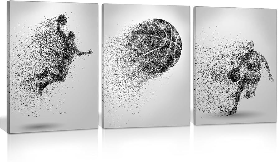 ZHIYANGY 3 Panels Black and White Sports Art, Basketball Canvas Wall Art, Basketball Particle Sil... | Amazon (US)