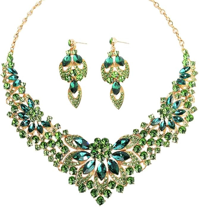 Women Jewelry Set Rhinestone Crystal Statement Necklace Bride Rib Choker Necklace Floral Beaded C... | Amazon (US)