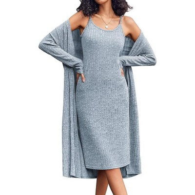 Ekouaer Womens Knit Robe Set 2 Piece Nightgown with Robes Long Sleeves Lounge Sets with Pockets Blue S | Target