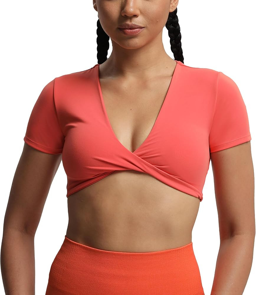Aoxjox Short Sleeve Crop Tops for Women Sienna Twist Deep V Workout Cropped T Shirt Top | Amazon (US)