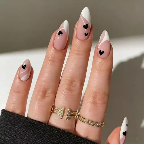 FJSMTOPl Valentine Press on Nails - Love Heart Fake Nails - Almond False Nails Press ons - French Tip Acrylic Glue on Nails - Artificial Stick on Nail for Women Manicure 24 Pcs | Amazon (US)