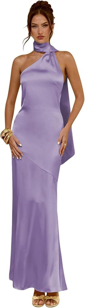 Jicht Satin Prom Dresses Long for Women Mermaid Halter Evening Gown with Scarf JAC014 | Amazon (US)