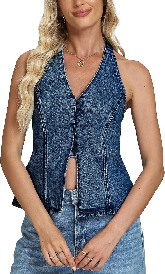 Women Sleeveless Denim Vest Denim Halter Top Tie Backless Button Down Y2K Strapless Front Slit Se... | Amazon (US)
