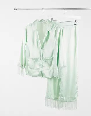 ASOS DESIGN premium satin & fringe shirt & pants pajama set in sage | ASOS (Global)
