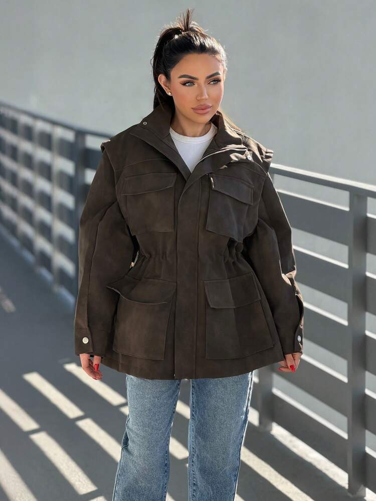 Durrani Popal Women's Casual Loose Fit Multi-Pocket Brown Jacket, Punk Style, Adjustable Waist Detail, A-Line Silhouette, Unisex Design, Autumn,Fall,Fall Clothes For Women | SHEIN