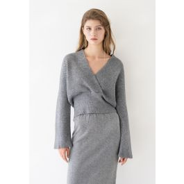 Ribbed Flare Sleeves Wrap Knit Top in Grey | Chicwish