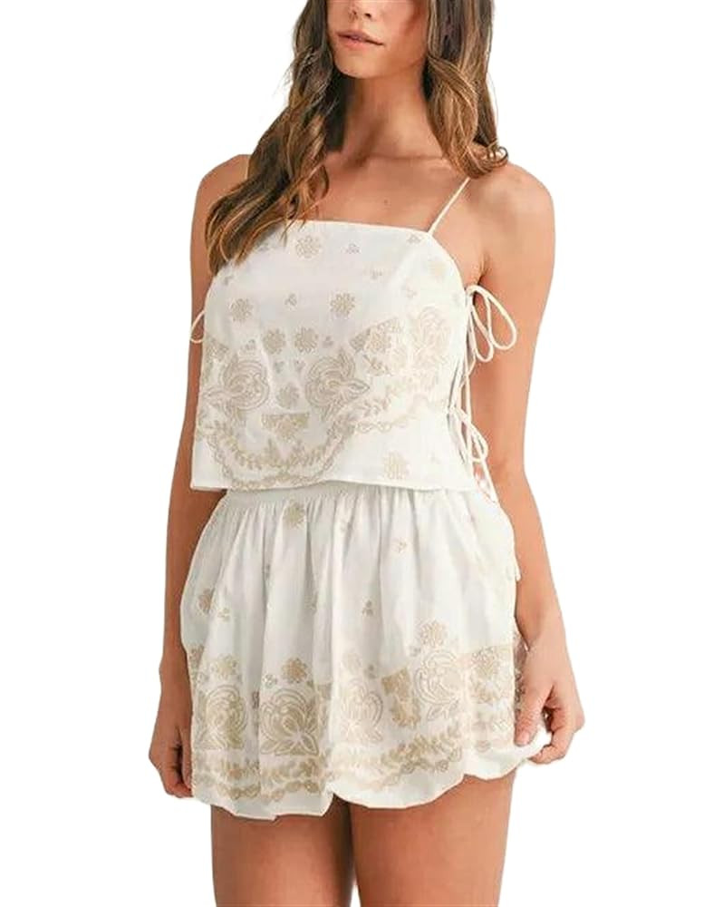Yuemengxuan Women Tie Side Tank Top Shorts 2 Piece Outfits Set Sleeveless Floral Embroidered Crop... | Amazon (CA)