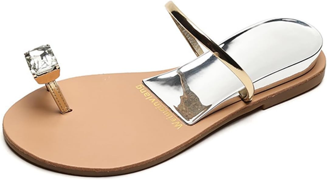 Womens Silver Rhinestone Beach Wedding Summer Jeweled Sandals Slip on Toe Ring Loop Bling Jelly F... | Amazon (US)