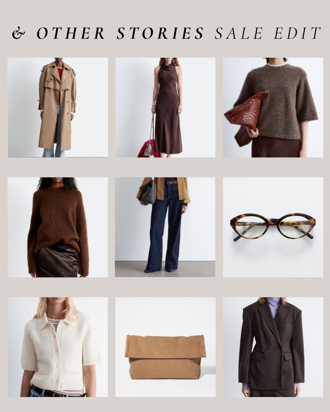 & Other Stories Sale Edit 🤎

Including trench coat, short sleeve jumper, brown knit jumper, dark blue jeans, oval glasses, suede clutch bag, white cardigan, brown blazer, brown silk midi dress  

#LTKstyletip #LTKsale #LTKuk