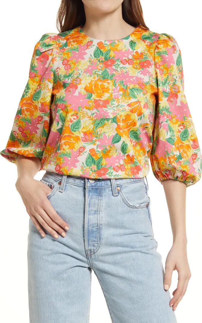River Island Floral Print Puff Sleeve Stretch Cotton Top | Nordstrom | Nordstrom