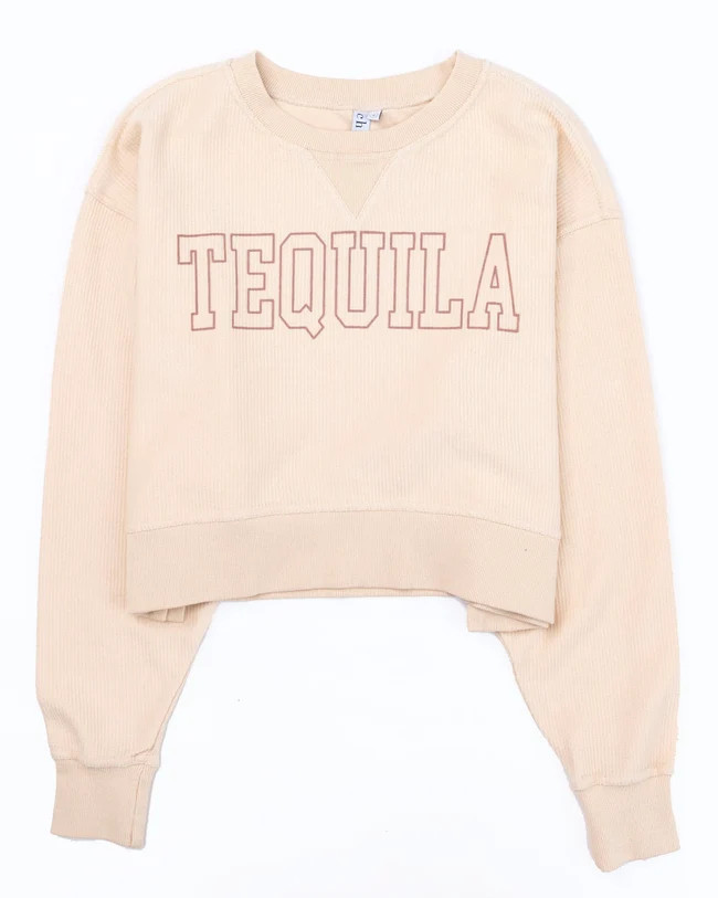 Tequila Block Cropped Corded Graphic Cream Sweatshirt | The Pink Lily Boutique