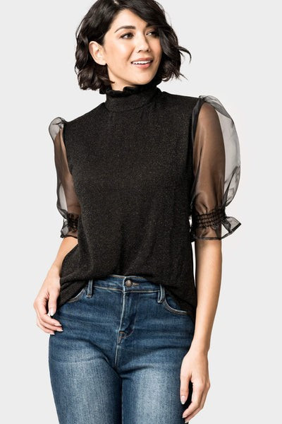 GIGI Feminine Ruffle Top with Organza Puff Elbow Sleeve | Gibson