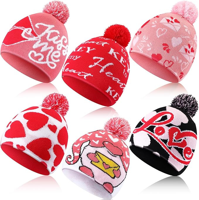 Mumufy 6 Pcs Valentine's Day Beanie Hats Love Heart Pattern Hats Warm Stretch Winter Knit Hat for... | Amazon (US)