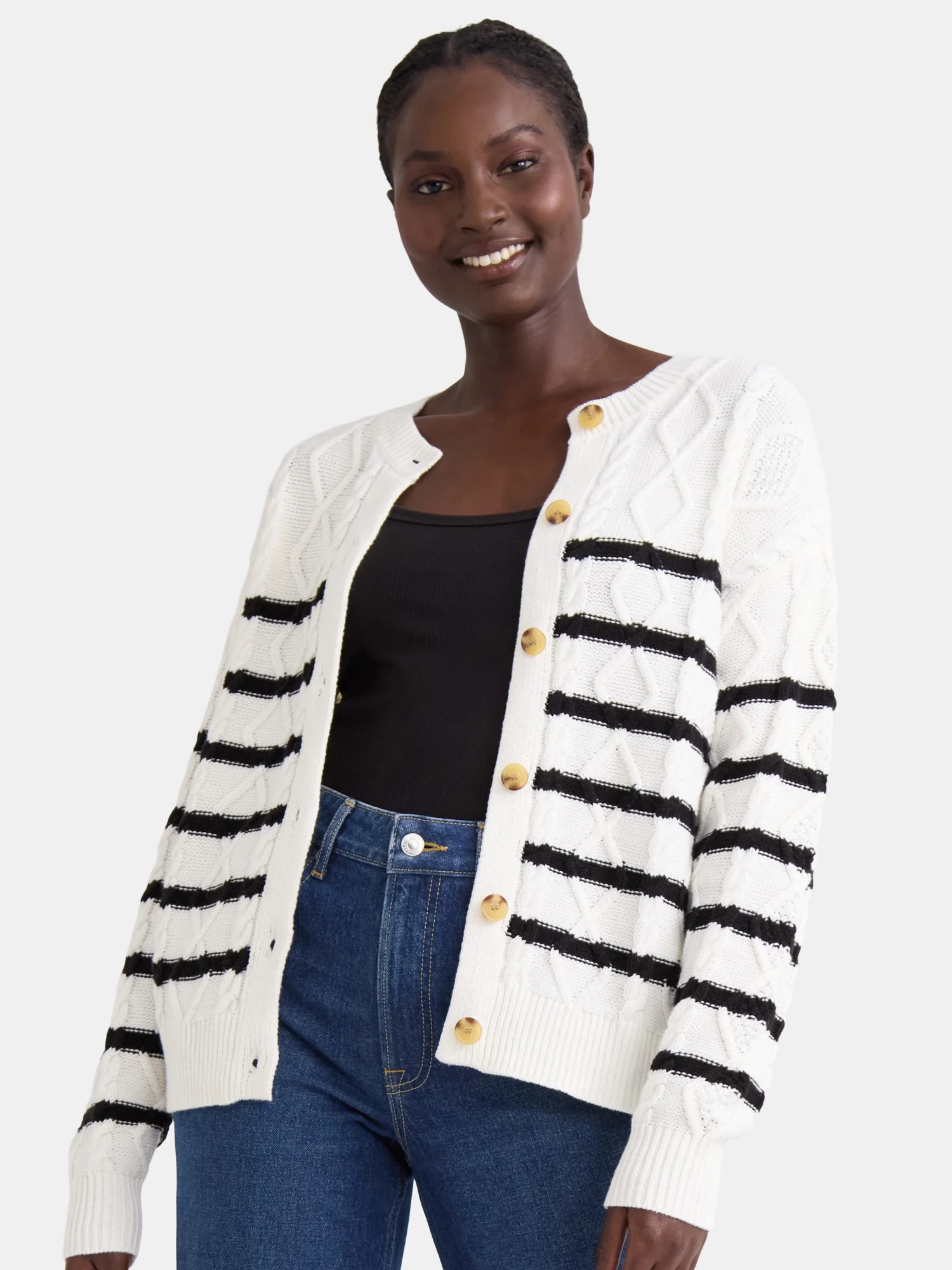 Time and Tru Women's Cable Knit Cardigan Sweater, Midweight, Sizes XS-XXXL - Walmart.com | Walmart (US)