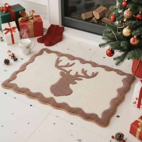 Dunzy Christmas Reindeer Bath Rug Brown Christmas Bathroom Rug 31.5x19.7 Inch Non-Slip Plush Absorbent Scalloped Rustic Bath Mat Xmas Holiday Soft Mat for Home Kitchen Decor Shower Tub Washable Gifts | Amazon (US)